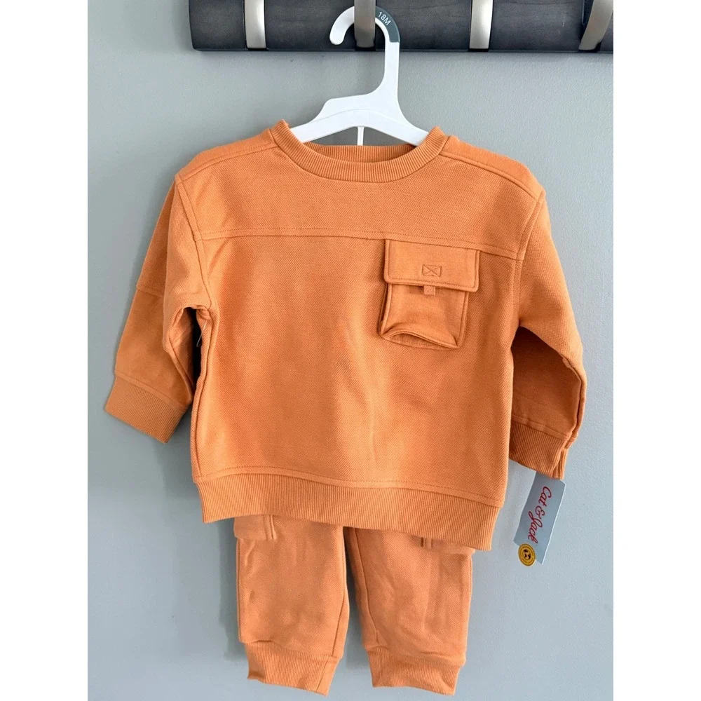 Cat & Jack Sweatshirt Jogger Set Toddler 18M Orange NWT Cargo Pocket‎ 2pc Outfit